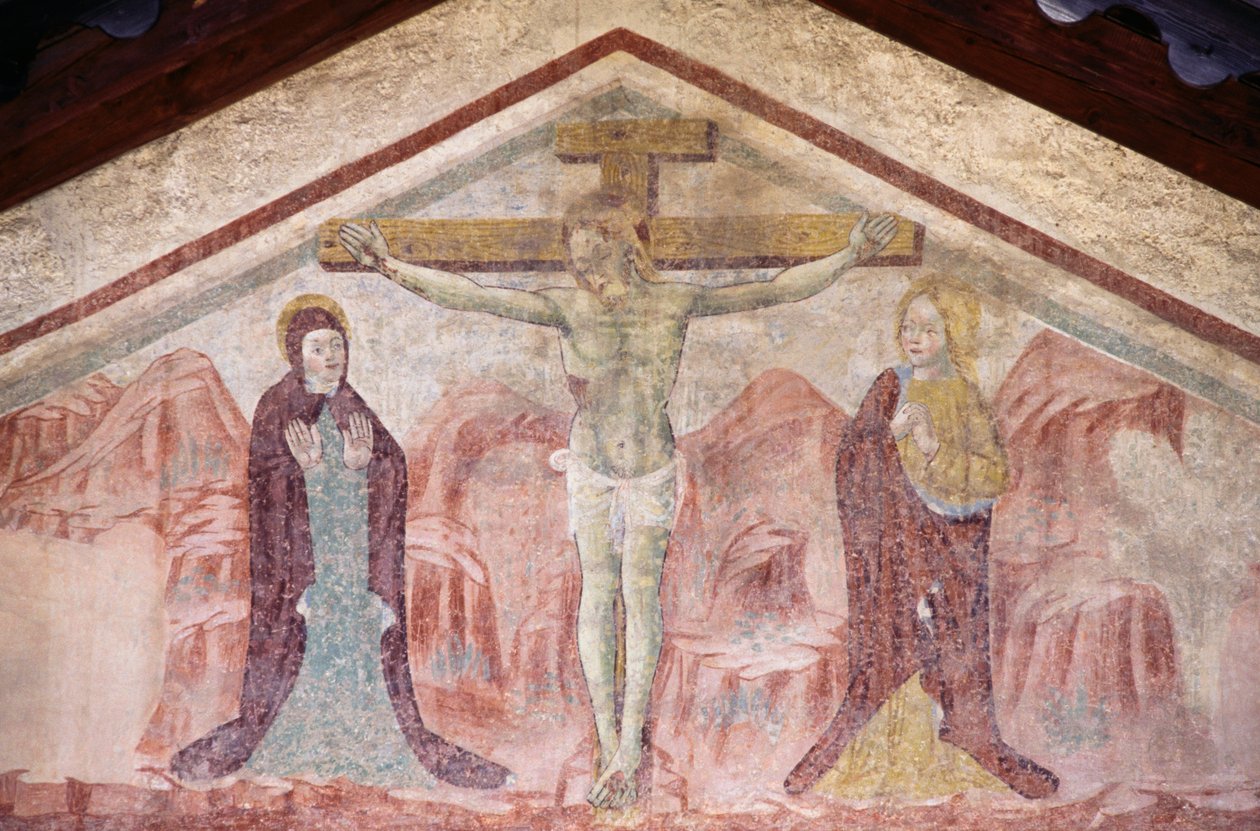 Freskó a keresztre feszítéssel a Szent Antal templom timpanonjában, Romeno, Trentino-Alto Adige, Olaszország alkotó: William Walcutt