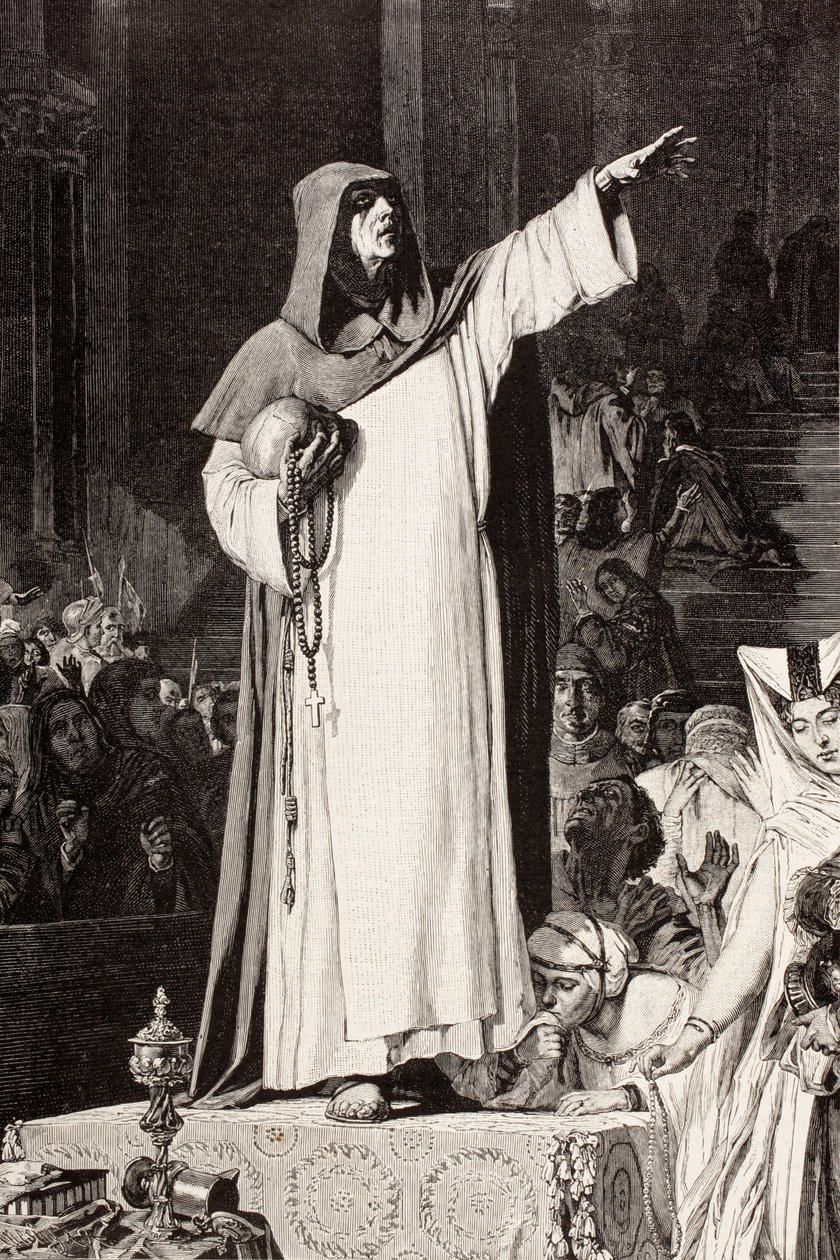 Girolamo Savonarola (1452 – 1498), olasz domonkos szerzetes, aki az erkölcstelenség és a bûnre csábító fényûzés ellen prédikál De Langemantels „El Mundo Ilustrado” mûve után, Barcelonában, 1880 körül. alkotó: Ferdinand Georg Waldmuller