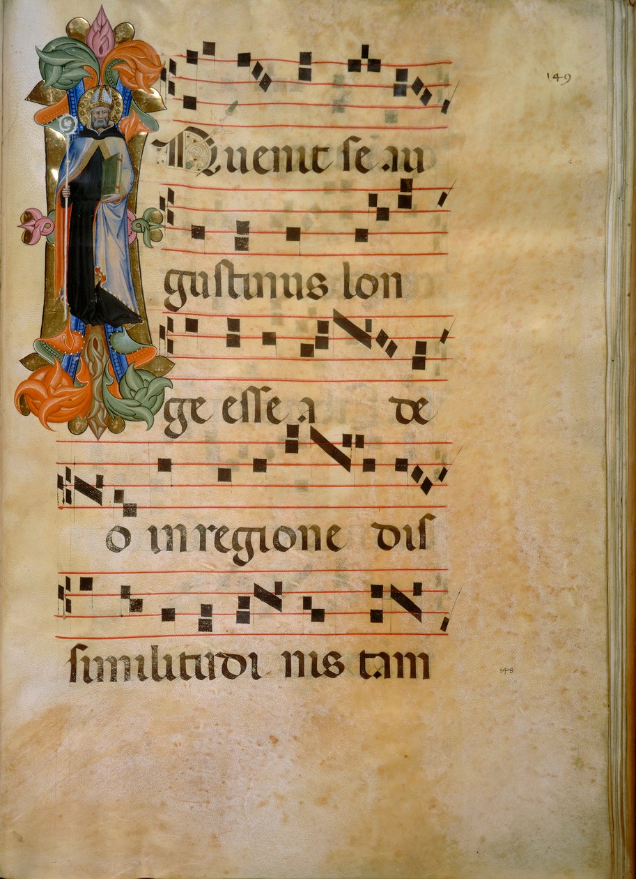 Megvilágított kezdőbetűje Szent Ágoston alakjával (Corale 19, 149 körül), Silvestro dei Gherarducci műve a Santa Maria degli Angeli 19. kóruskönyvéhez, amelyet a firenzei Biblioteca Medice-Laurenziana őrzött. alkotó: Henry Charles Fehr
