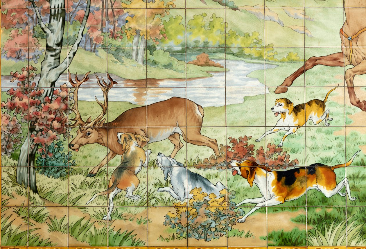 Belső nézet, csempepanel, festő Furcy Ernest Tondeur, végrehajtó Boch Frères La Louvière, első panel, vadászjelenet három lovassal, részlet alkotó: . .