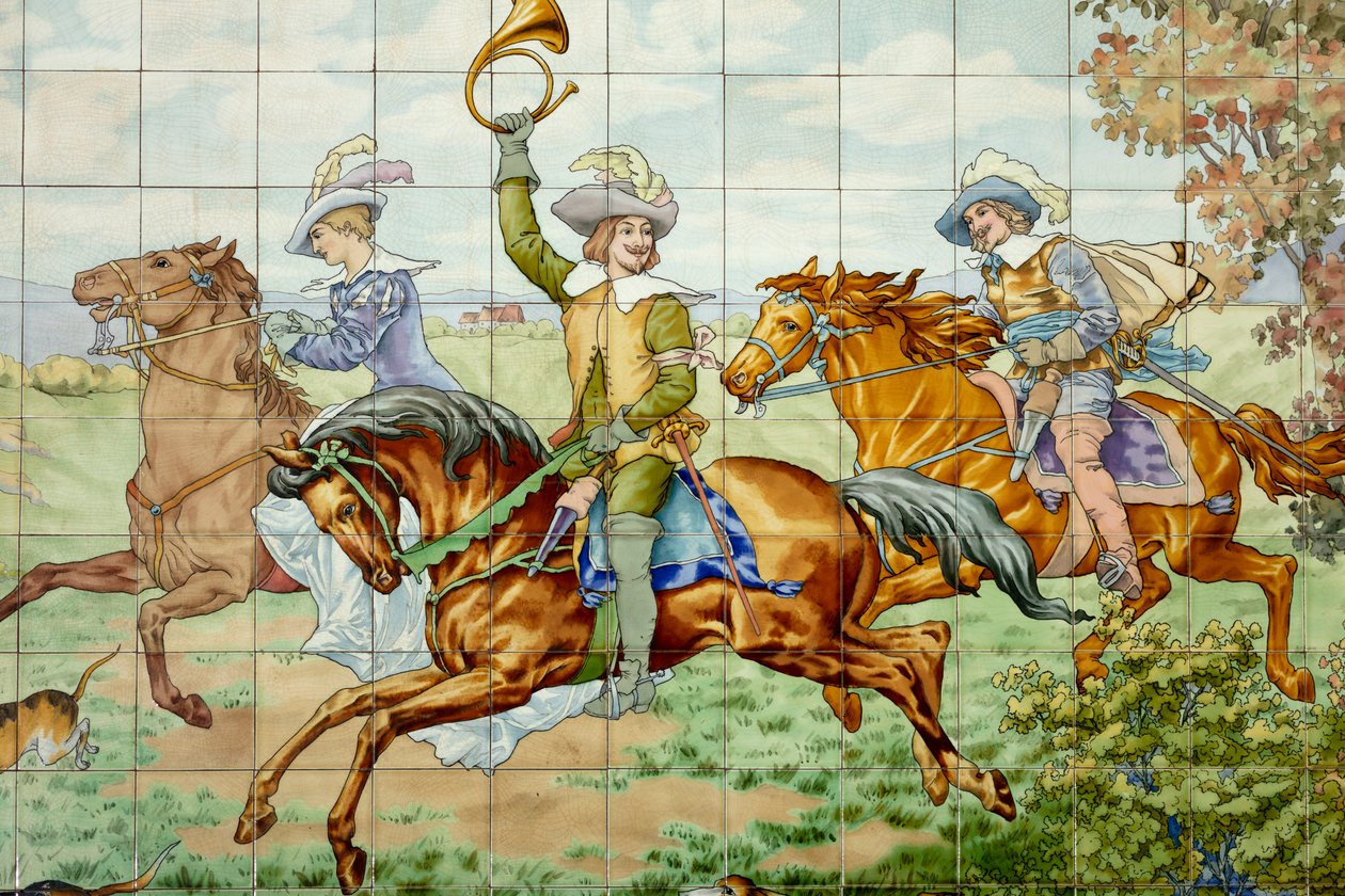 Belső nézet, csempepanel, festő Furcy Ernest Tondeur, végrehajtó Boch Frères La Louvière, első panel, vadászjelenet három lovassal, részlet alkotó: . .