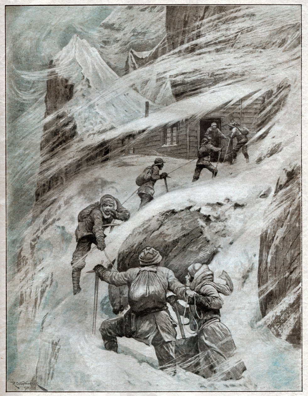 Olasz turisták rekedtek a viharban az olasz Alpokban. 1925 (illusztráció) alkotó: . .