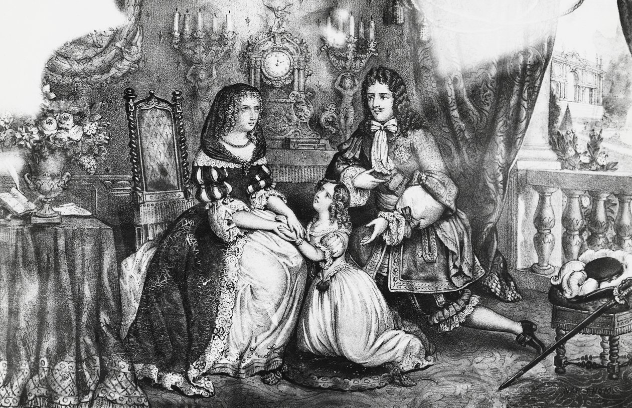 XIV. Lajos király és lánya könyörög Louise de La Valliere hercegnőhöz, hogy ne vonuljon vissza a kolostorba alkotó: Georg Carl Heinrich Dollmann