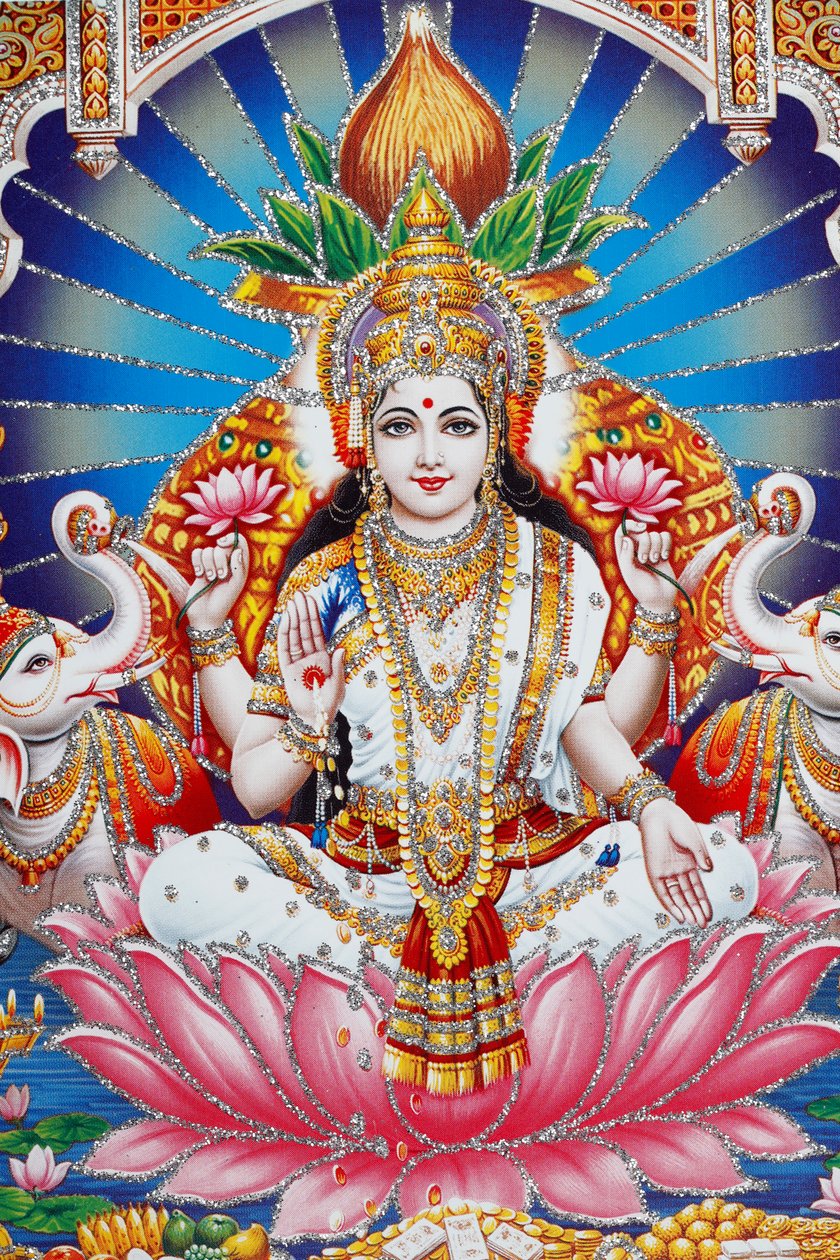 Lakshmi, Visnu felesége, a jólét, a jó szerencse és a szépség istennője. alkotó: . .