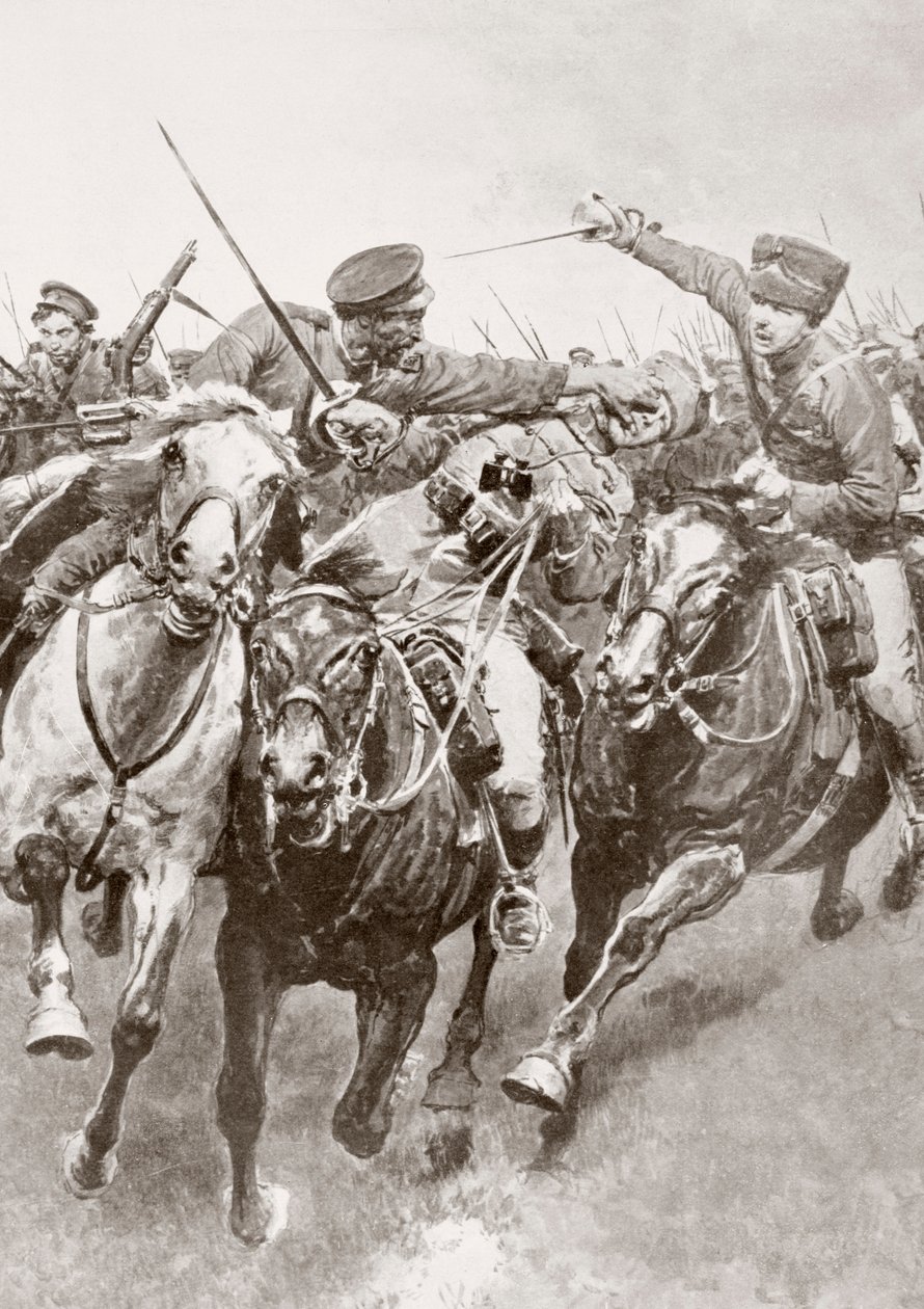 Az orosz kozákok és a Schwansfeld halálhuszárjaiként ismert német lovasság lovas harca Korschen és Bartenstein között, Kelet-Poroszország, 1914 augusztusában az első világháború alatt, La Esferából alkotó: Ferdinand Georg Waldmuller