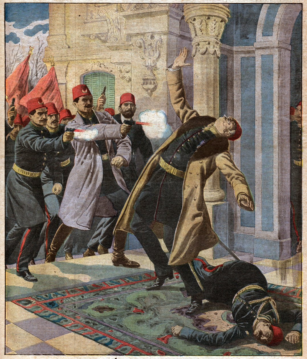 Oszmán puccs: Enver pasa és a CUP megszállja a császári palotát és megöli Nazin pasa minisztert, 1913. február 9. alkotó: Ferdinand Georg Waldmuller
