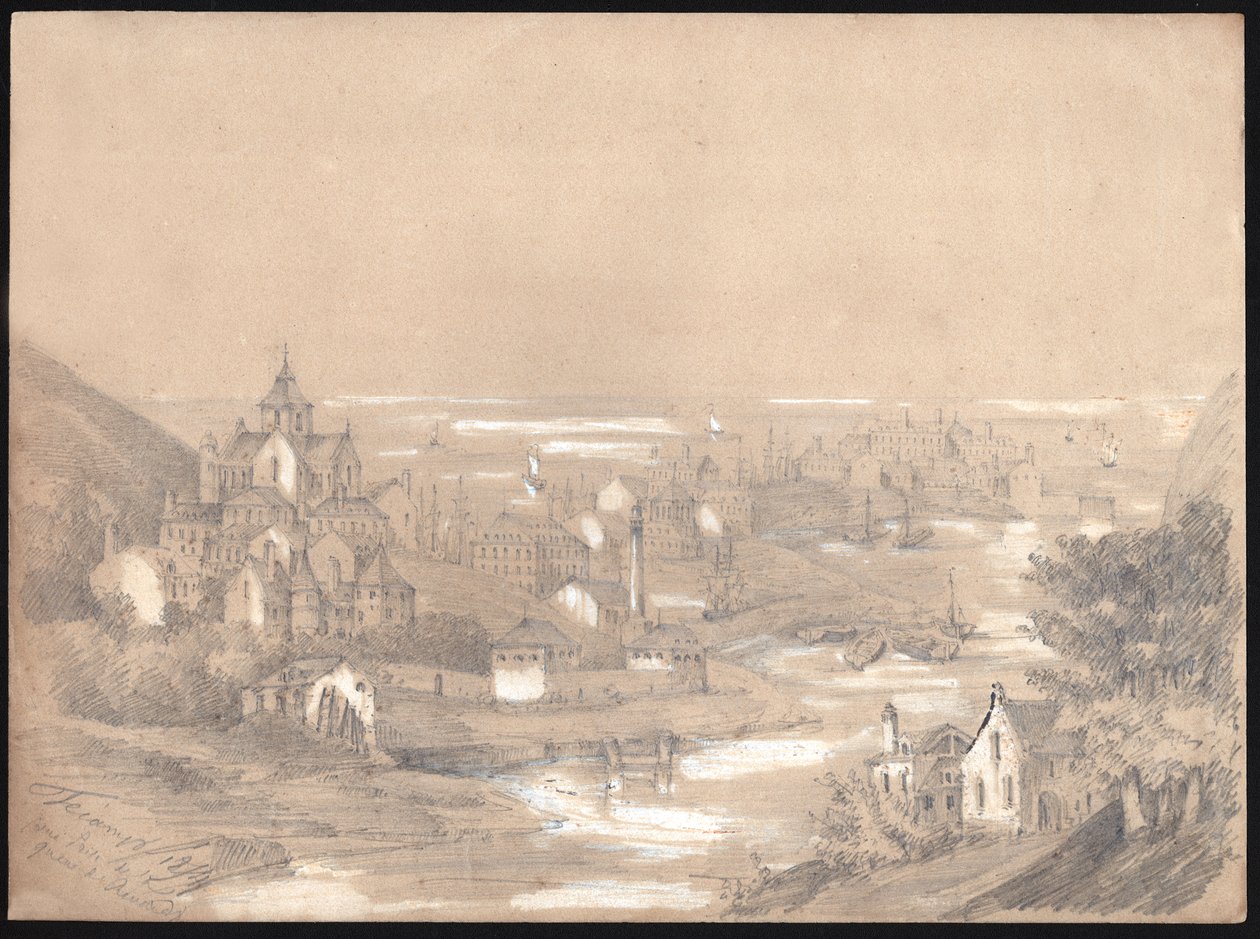 Panoráma Fecamp városára, Normandiában. 1841 (rajz) alkotó: . .