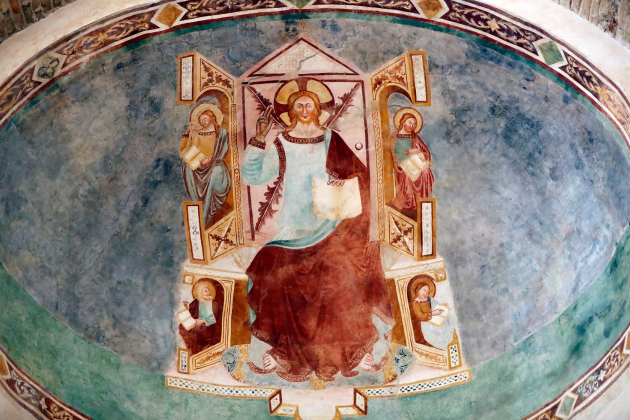 Aquileia patriarchális bazilika. Jézus és a 4 evangélista. Freskó. Olaszország. alkotó: . .