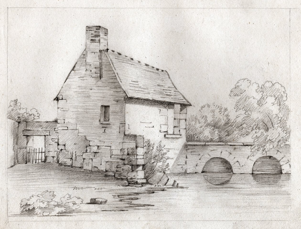 Parasztház a folyó partján. 1830 körül (illusztráció) alkotó: . .