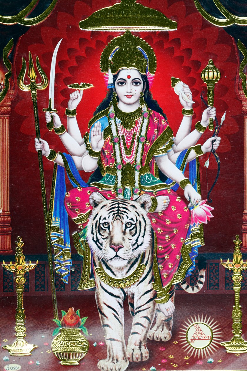 Durga hindu istennő képe egy tigrisen. alkotó: . .