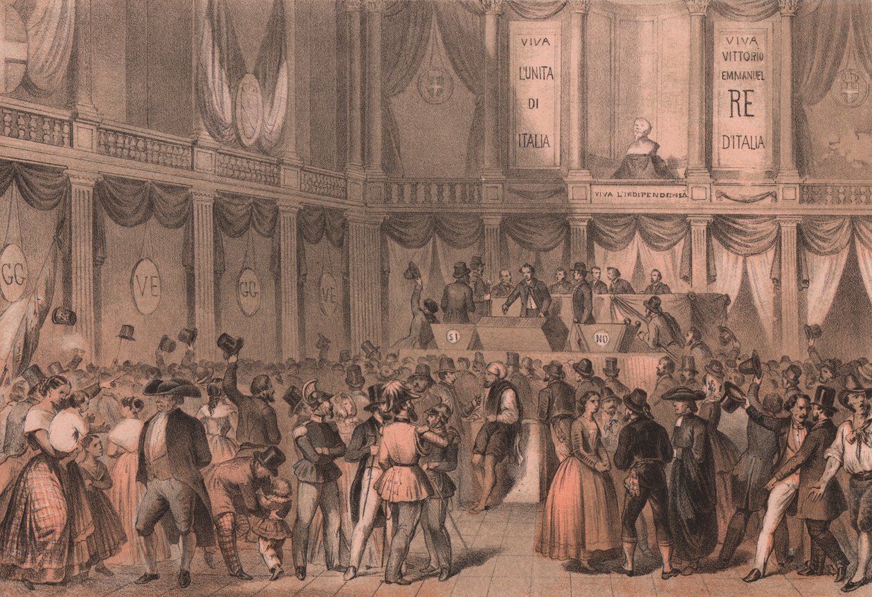 Népszavazás az Olaszországhoz csatolásért, Nápolyi Egyetem aula, Campania, Olasz Risorgimento, Carlo Perrin litográfiája Carlo Bossoli (1815-1884) rajzából, 22x15 cm alkotó: William Walcutt