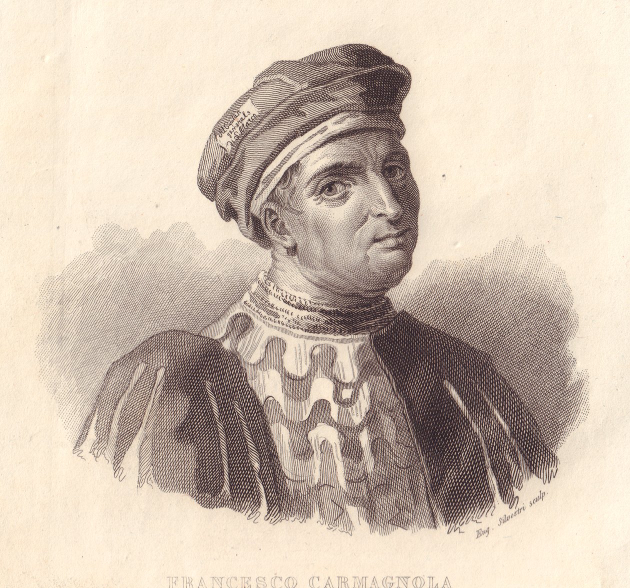 Francesco da Bussone olasz katonai vezető, más néven Carmagnola (1380-1432) portréja, E Silvestri rézmetszete festményről alkotó: William Walcutt