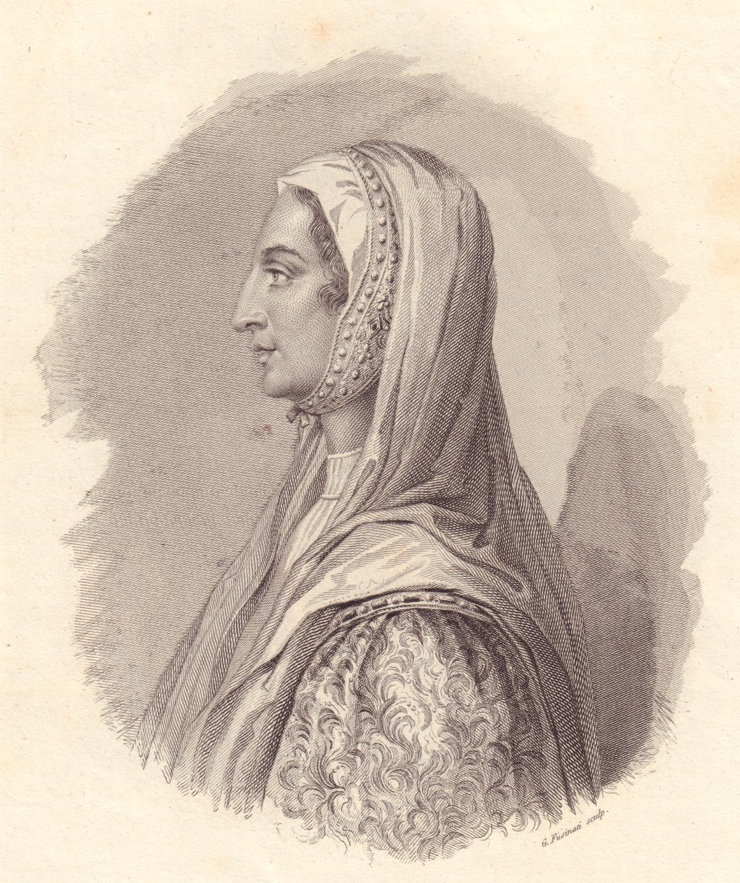 Beatrice Lascaris di Tenda (1372-1418) olasz nemesnő portréja, G Fusinati rézmetszete Antonio Campo portréjából alkotó: William Walcutt