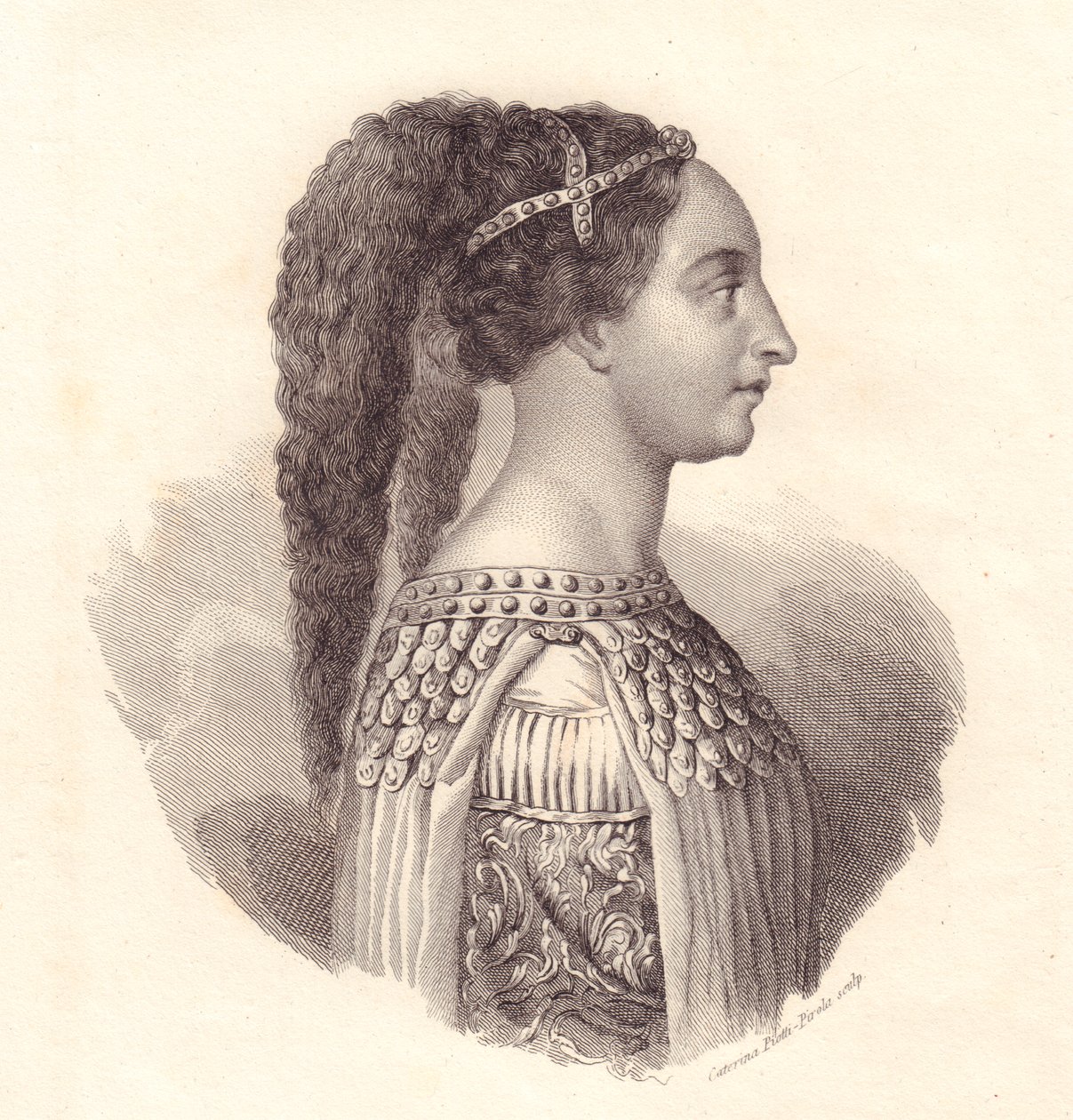 Isotta degli Atti olasz nemesnő (kb. 1432-1474) portréja, Caterina Piotti-Pirola rézmetsze alkotó: William Walcutt