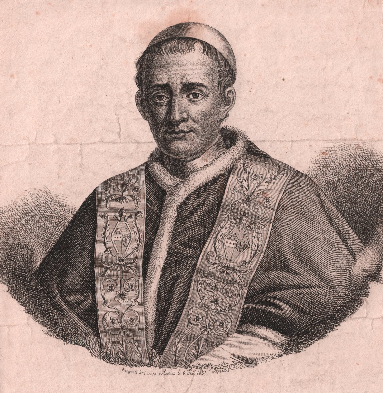 XVI. Gergely pápa (1765-1846) portréja, rézkarc és temetés, élő rajzból, Róma, február 5. alkotó: William Walcutt