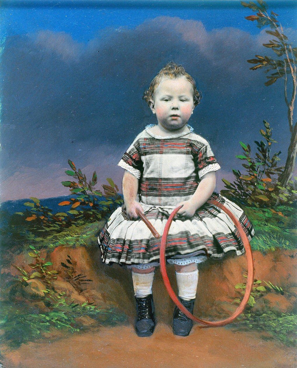 Karikás gyermek portréja, kézzel színezett ambrotípia, 1860 körül alkotó: Ferdinand Georg Waldmuller
