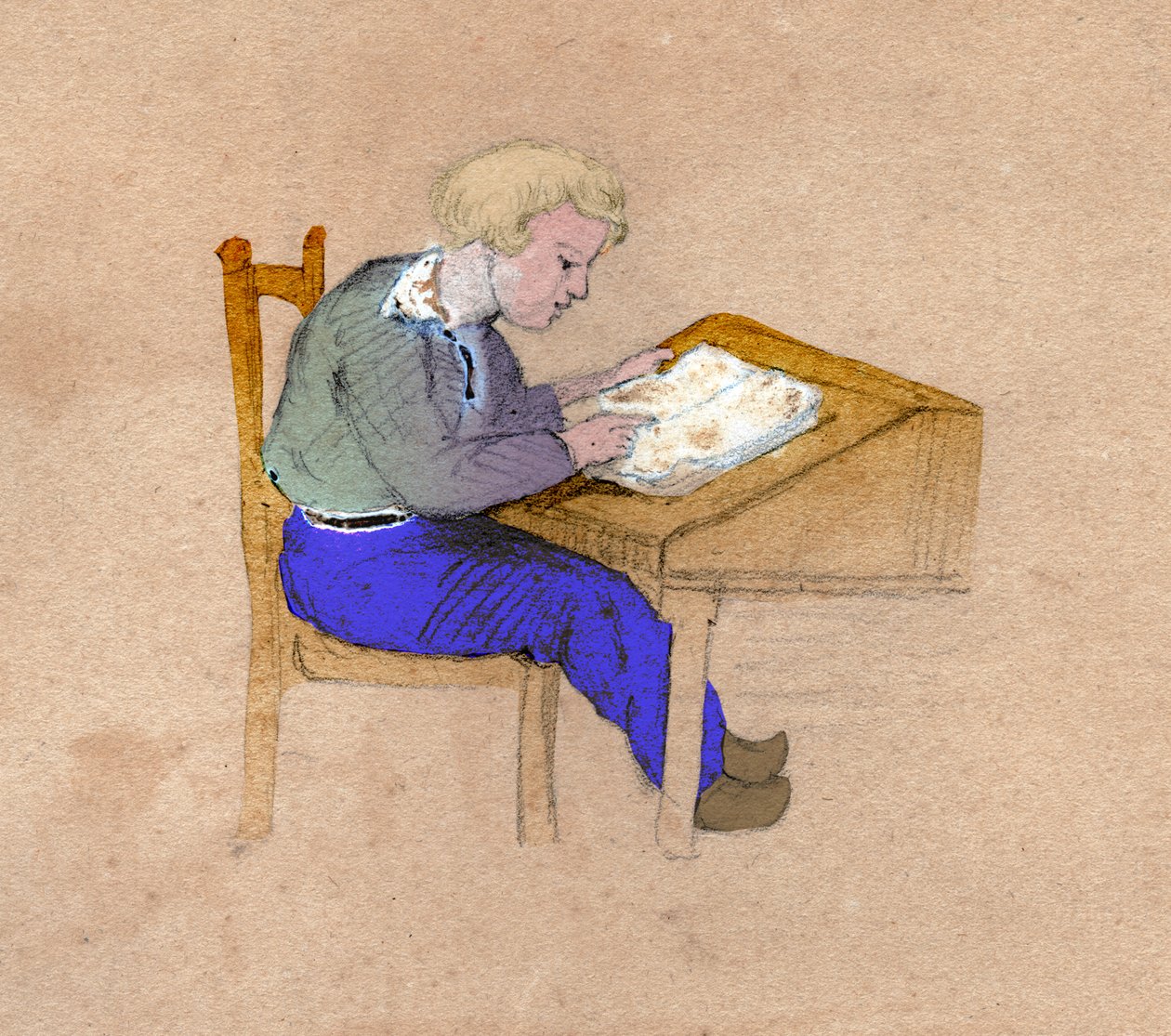 Iskolás fiú dolgozik az asztalán. 1830 körül (illusztráció) alkotó: . .