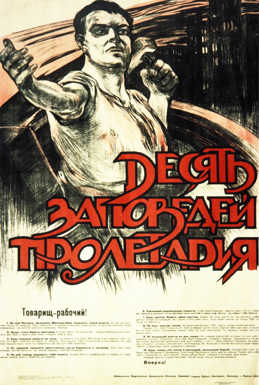 Szovjet propagandaplakát az 1930-as évekből, „A proletariátus tíz parancsolata”. alkotó: Frederick (attr. to) Barnard