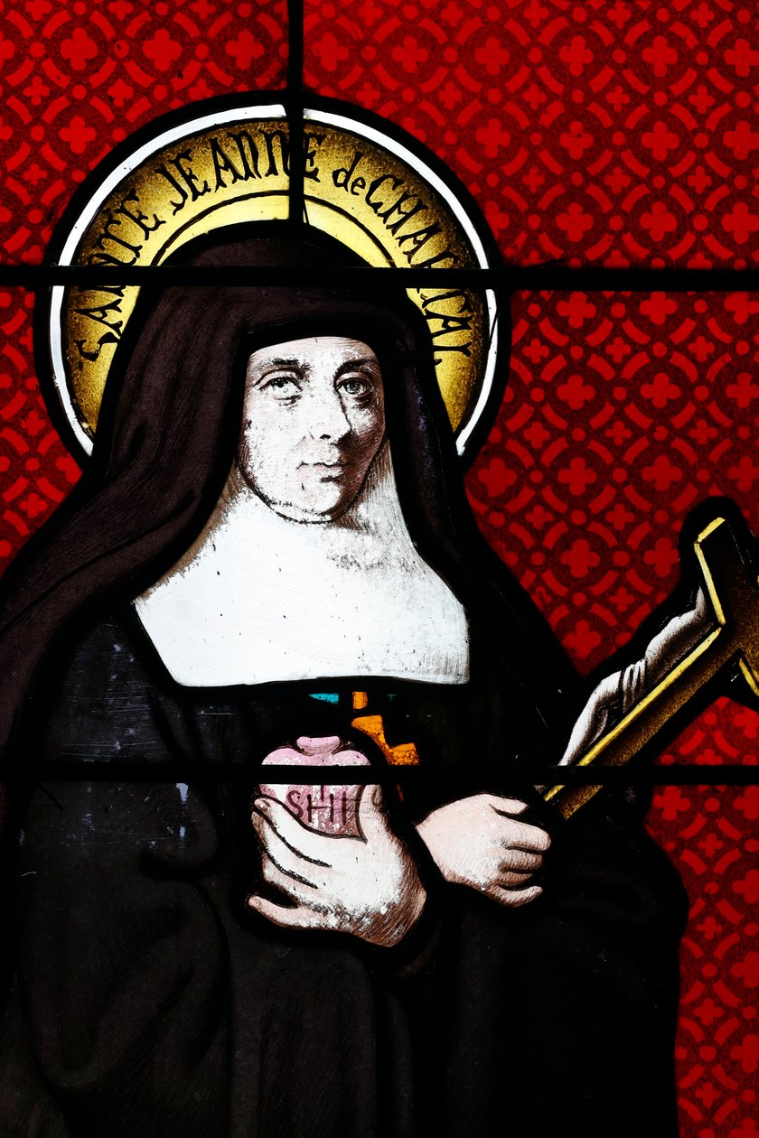 Ólomüveg ablak. Saint Jane Frances de Chantal római katolikus szent, akit 1751-ben avattak boldoggá. Ő alapította a Mária-látogatási rendet. Thorens. Franciaország. alkotó: . .