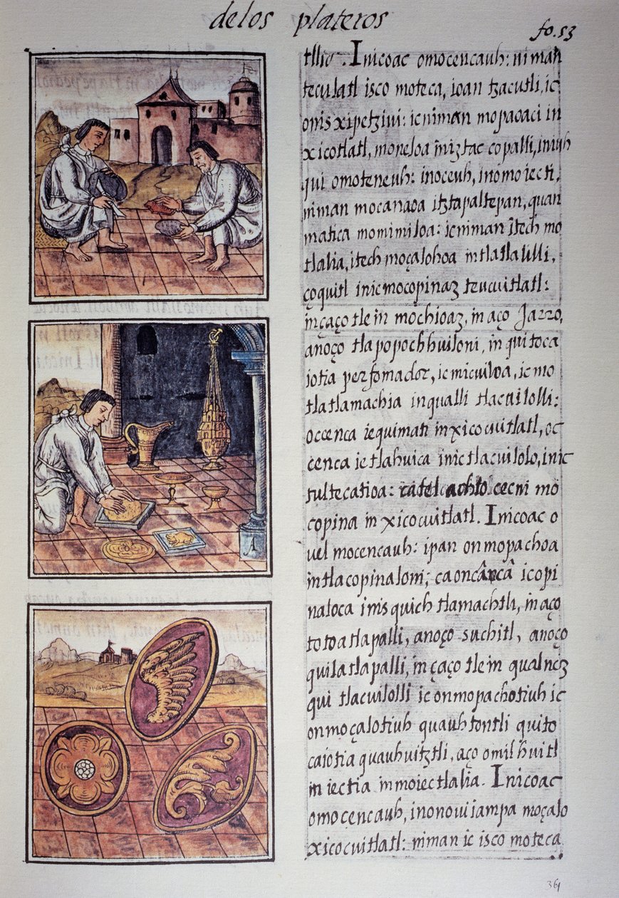 Asztali és pajzsgyártás, oldal a firenzei kódexből, kétnyelvű változat spanyol és nahuatl nyelven, Az új Spanyolország dolgainak általános története, Fray Bernardino de Sahagun spanyol misszionárius. Azték civilizáció alkotó: Georg Carl Heinrich Dollmann