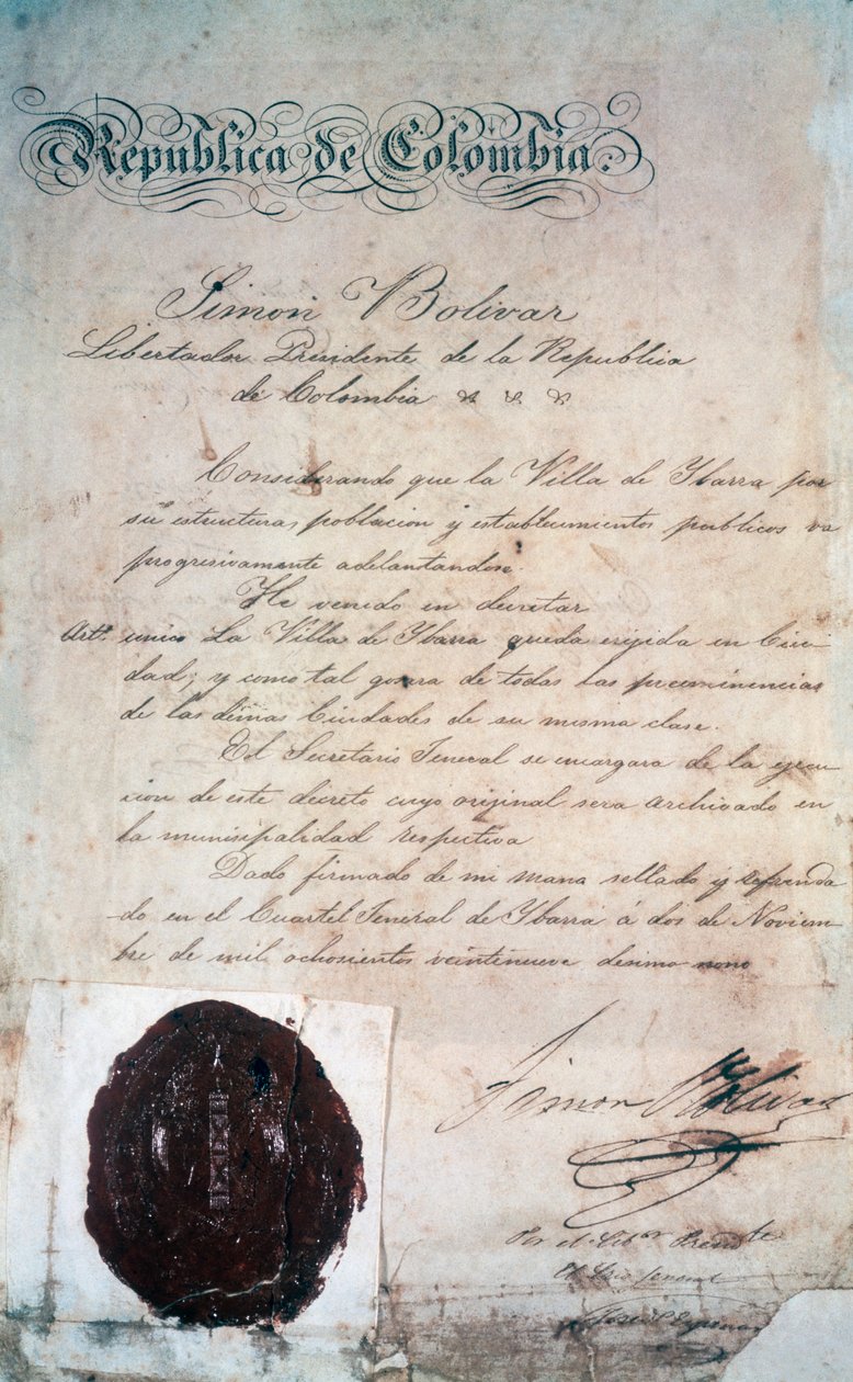 november 2-án az a törvény, amellyel Simon Bolivar San Miguel de Ibarra városát, a környező tartomány fővárosát abban az időben Nagy-Kolumbia (ma Ecuador) részévé nyilvánította. alkotó: Georg Carl Heinrich Dollmann