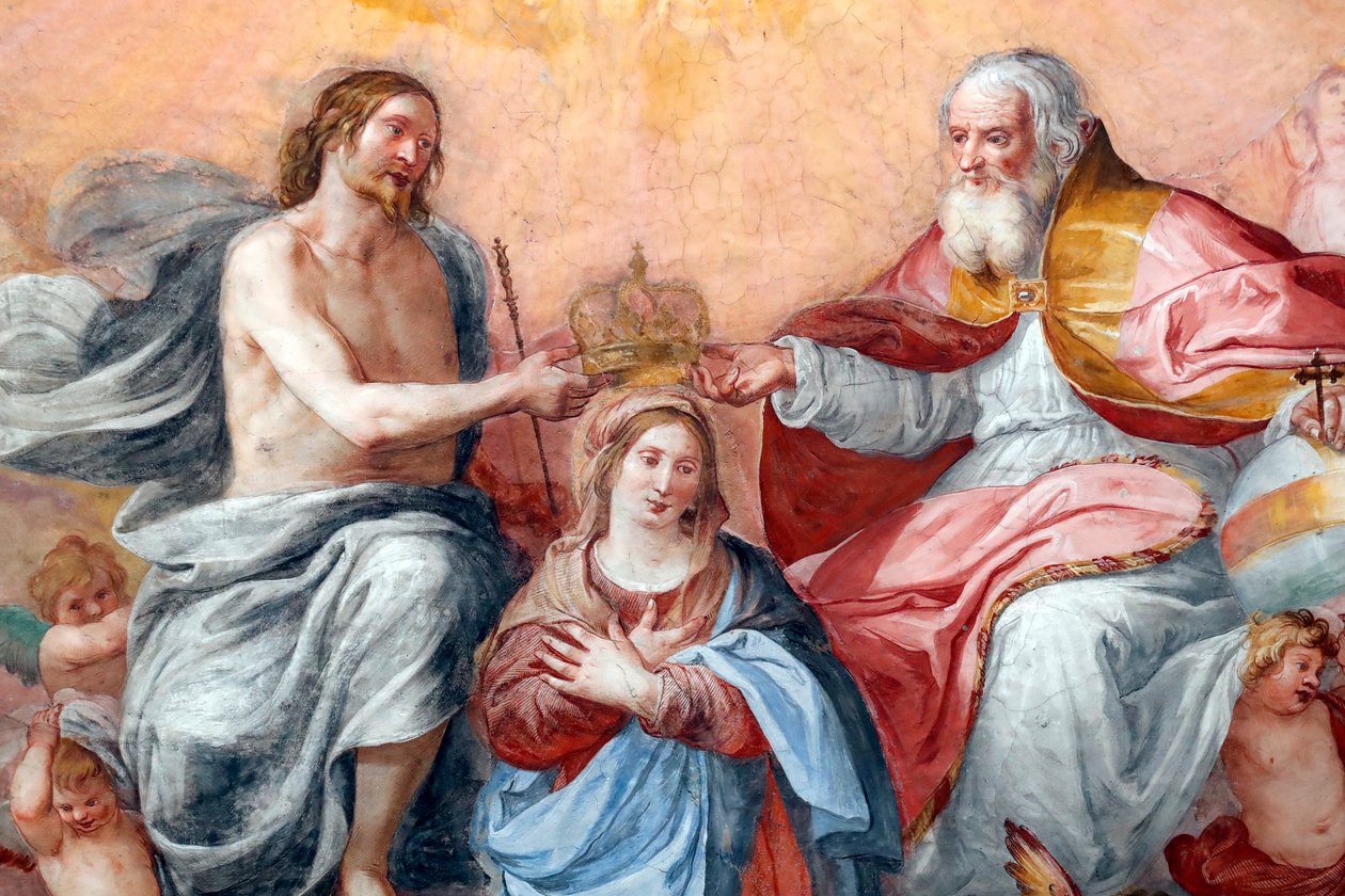 A Szűzanya koronázása. Friss. A Santissima Annunziata del Vastato-bazilika. Genova. Olaszország. alkotó: . .