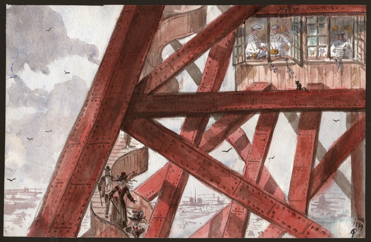 Turisták az Eiffel-torony lépcsőjén, Párizs. Szakácsok főznek az első emeleti étteremben. 1889 (illusztráció) alkotó: . .
