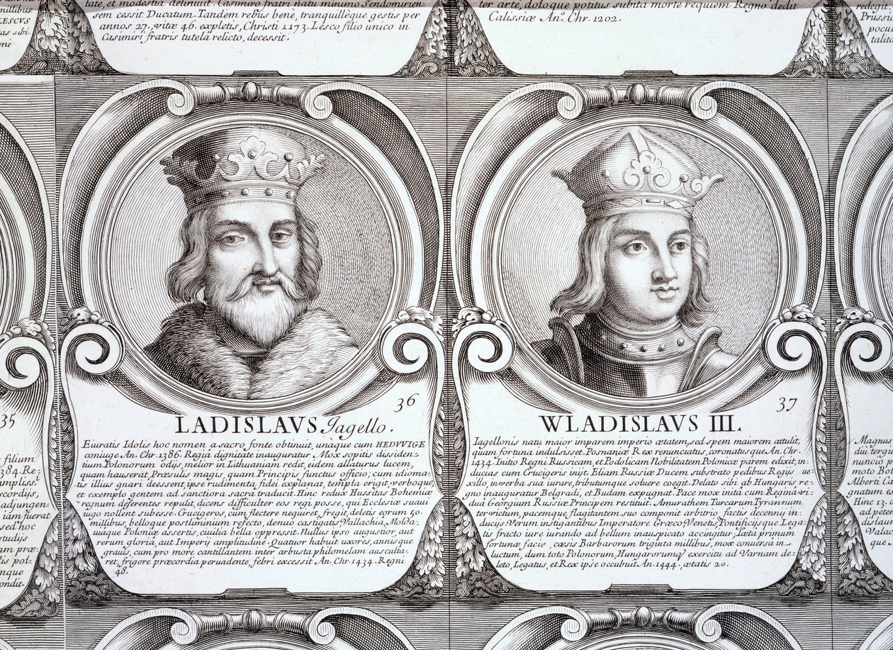 Wladyslaw II Jagiello és Wladyslaw III Warnenczyk, sz. 36. és 37. „A lengyelek hercegeinek és királyainak kronológiai sorozatából” (metszet) alkotó: . .