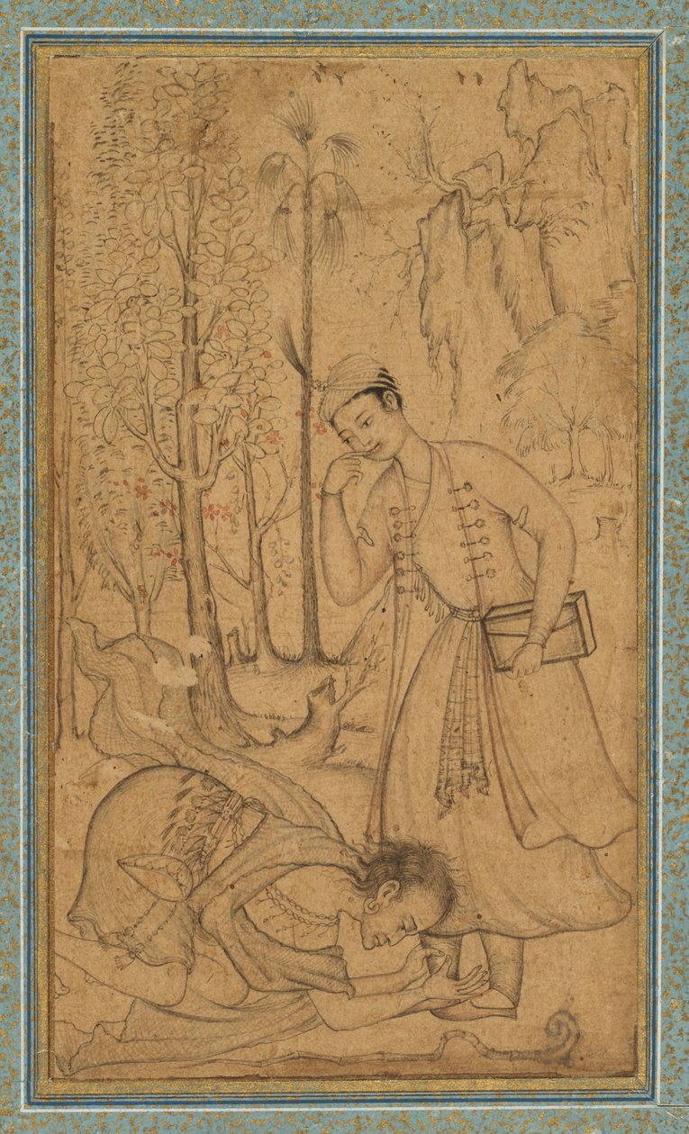 Egy tanult herceg előtt leboruló szent ember, c. 1585, szegély valószínűleg 1700-as évek. alkotó:   Manohar
