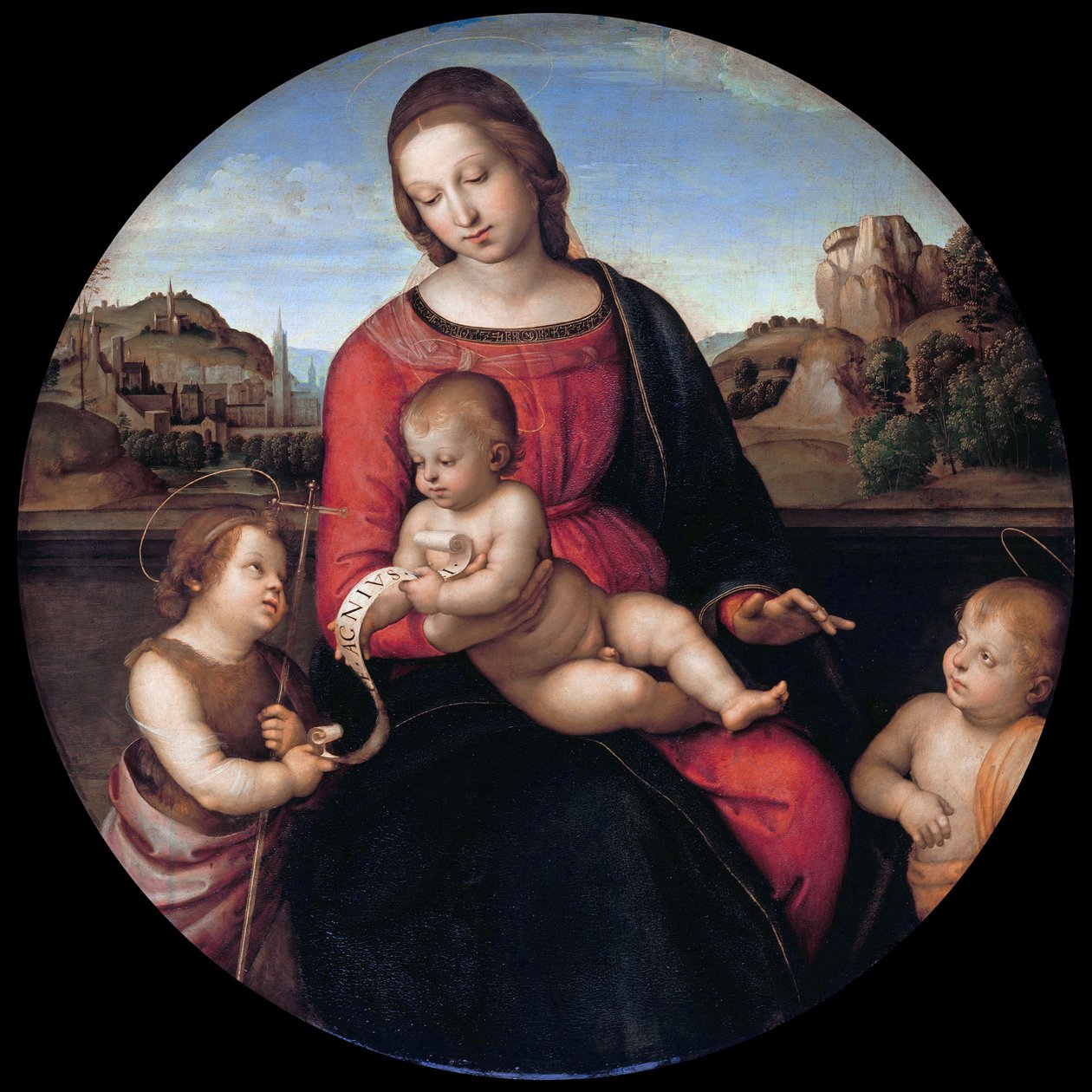 Mária a gyermekkel, Keresztelő Jánossal és egy szent fiúval (Madonna Terranuova) alkotó: Raphael