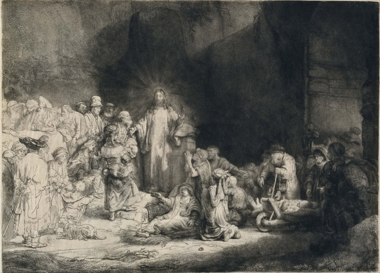 Krisztus a körülötte lévő betegekkel, kisgyermekeket fogadva (A száz gulden nyomat) alkotó: Rembrandt van Rijn