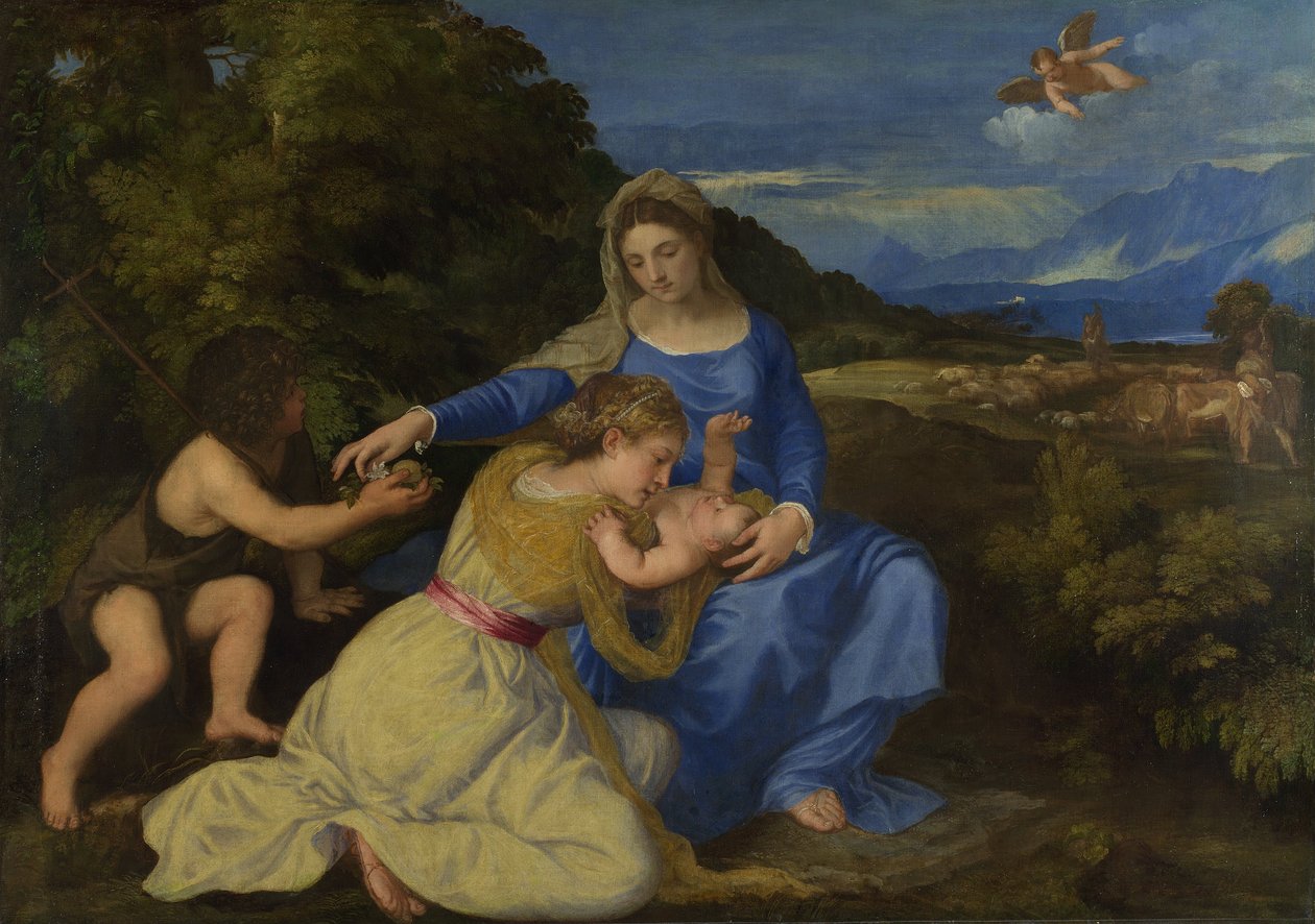 A Szűz és a Gyermek a csecsemő Szent Jánossal és egy női szenttel vagy donorral ("Aldobrandini Madonna") alkotó: Tiziano Vecelli