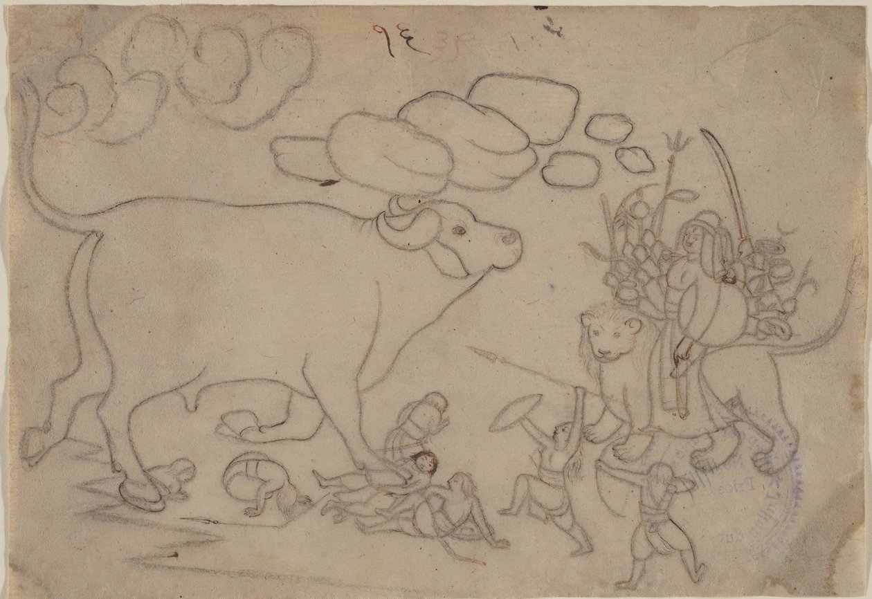 Durga szembeszáll a Buffalo Demon Mahishával: Jelenet a Devi Mahatmya-ból, Ka. 1780. alkotó: a first generation master after Nainsukh