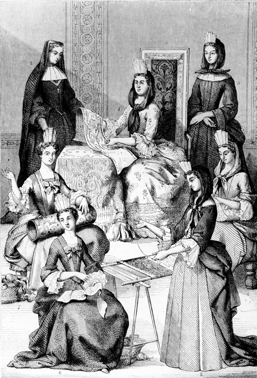 Madame de Saint-Cyr, egy apáca, egy novícia és a négy osztály fiatal lányai. alkotó: after Chevignard