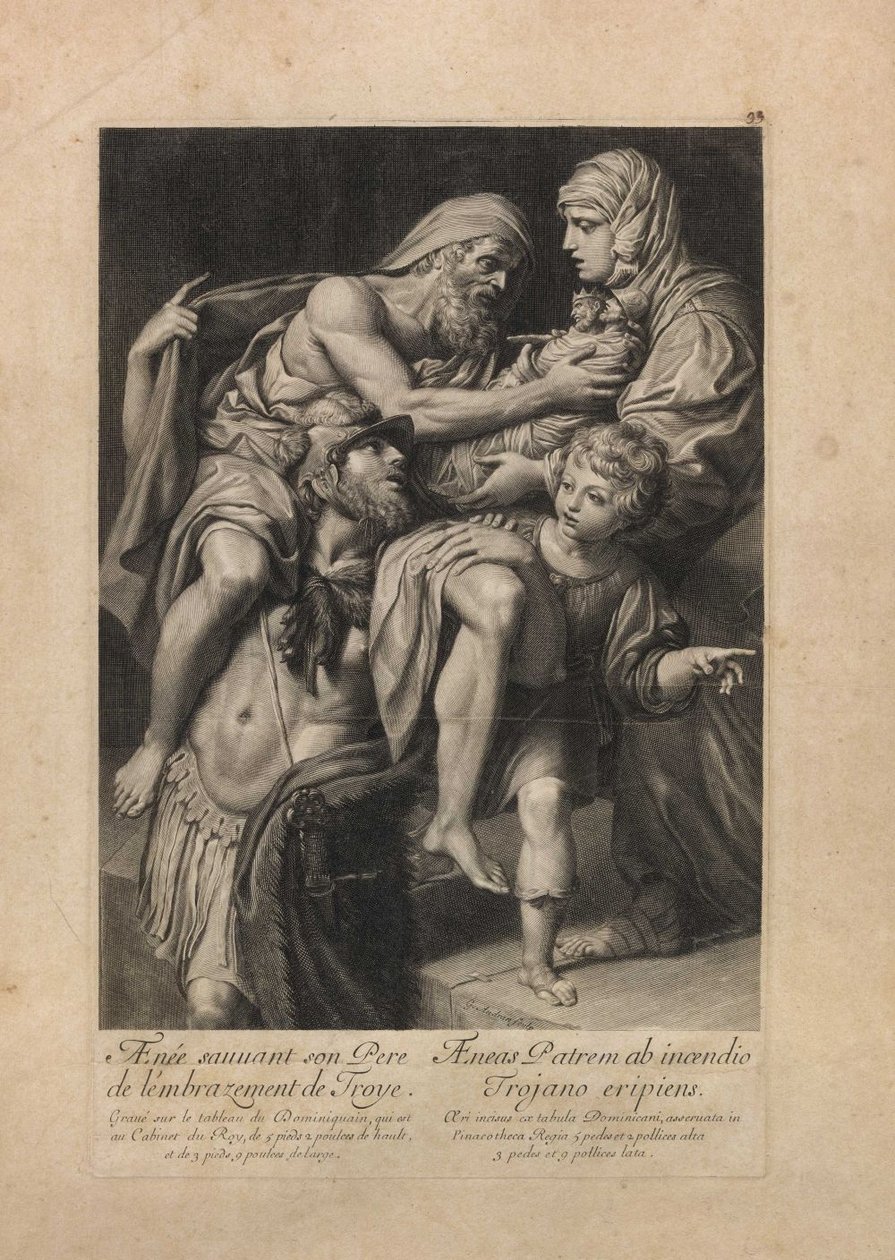 Aeneas megmentette apját, Anchises -t Troy elégetésétől Aenee sauvant fia, Tro deye alkotó: Domenichino