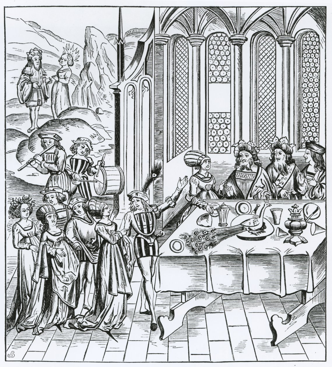 Állami lakoma – a páva felszolgálása, egy fametszet után a Vergilius-kiadásban, megjelent Lyons, 1517 alkotó: French School