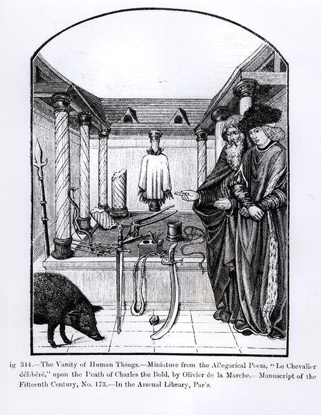Az emberi dolgok hiúsága, a Le Chevalier delibere című, Olivier de la Marche által Bátor Károly halálára írt allegorikus költeményből (1433-77), illusztráció a Science and Literature in the Middle (Tudomány és irodalom a középkorban) című kötetből. alkotó: French School