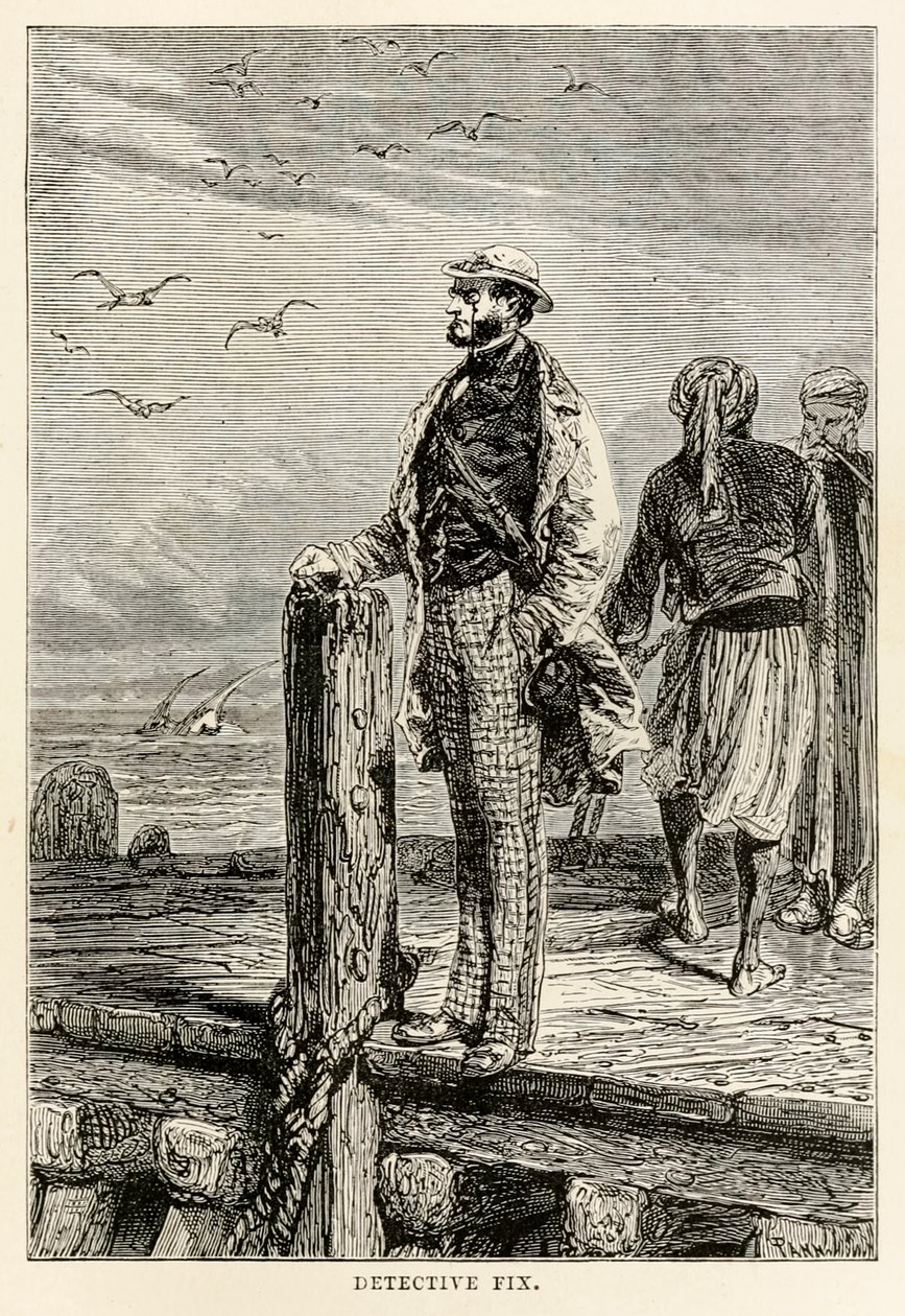 Fix nyomozó, Jules Verne (1828-1905) a világ körül nyolcvan nap alatt, vésette: Louis Dumont (sz. 1822), 1873 alkotó: after Alphonse Marie de Neuville