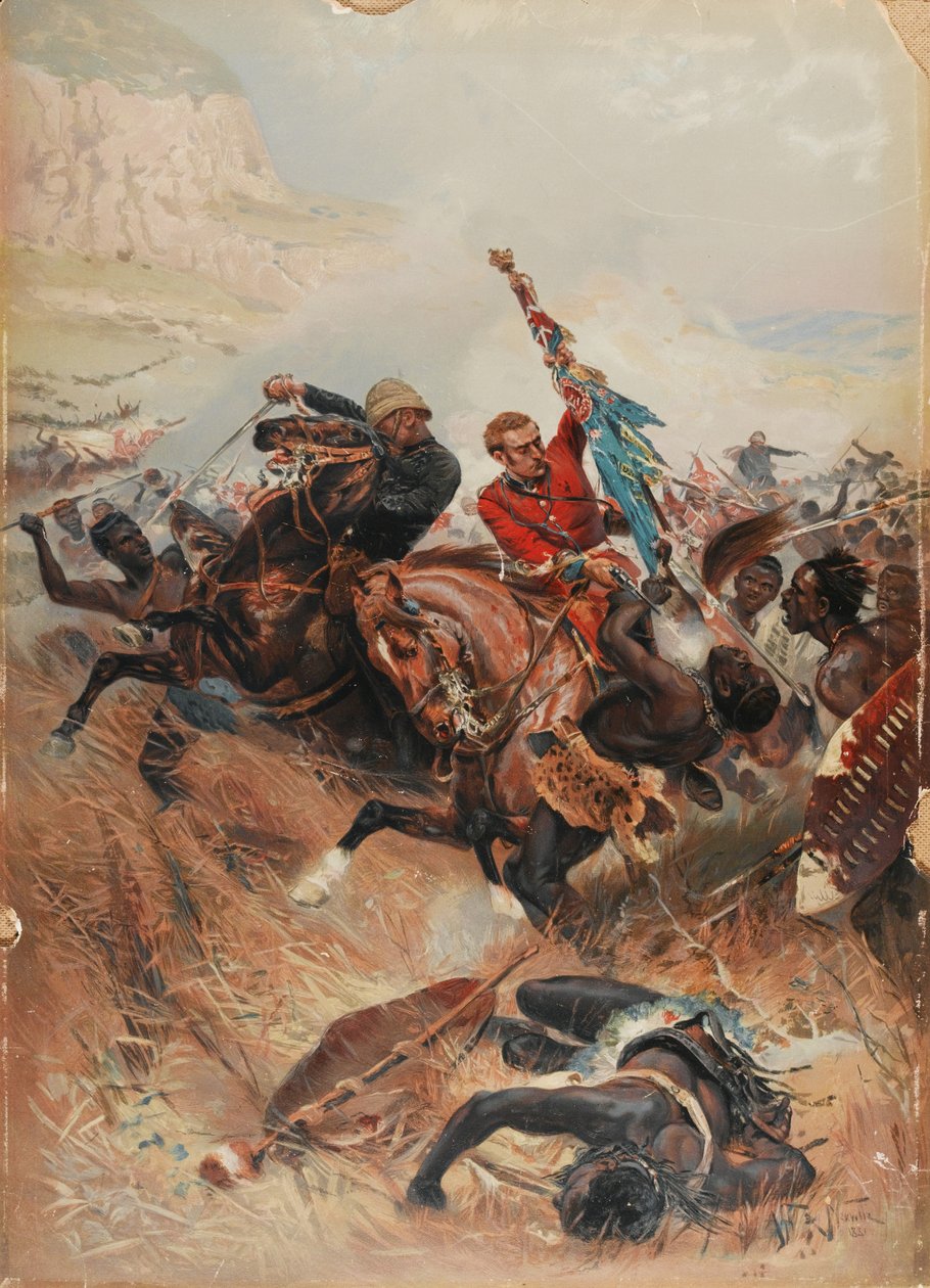 Melville és Coghill hadnagyok Megmentve a színeket, 1879-es zulu háború, 1881 (chromolitho) alkotó: after Alphonse Marie de Neuville