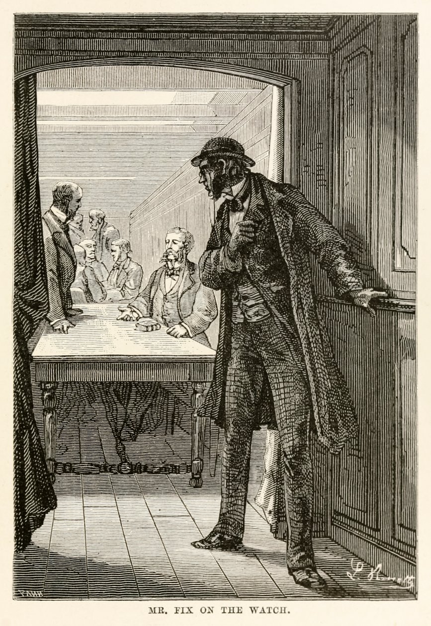 Mr. Fix az órán, Jules Verne (1828-1905) A világ körül nyolcvan nap alatt című művéből, Louis Dumont (sz. 1822) metszet, 1873 alkotó: after Alphonse Marie de Neuville