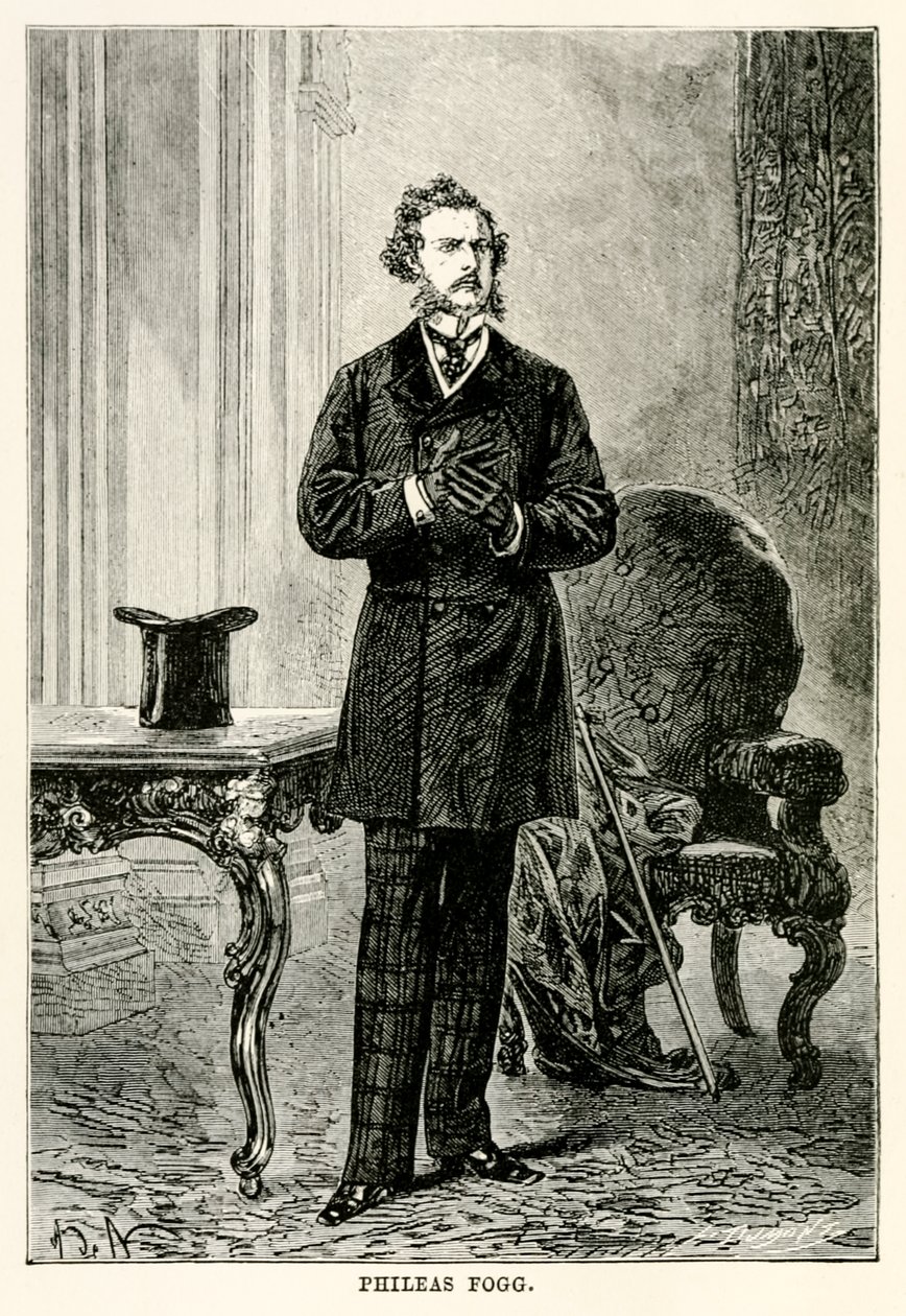 Phileas Fogg, Jules Verne (1828-1905) a világ körül nyolcvan nap alatt című művéből, Louis Dumont (sz. 1822) metszet, 1873 alkotó: after Alphonse Marie de Neuville