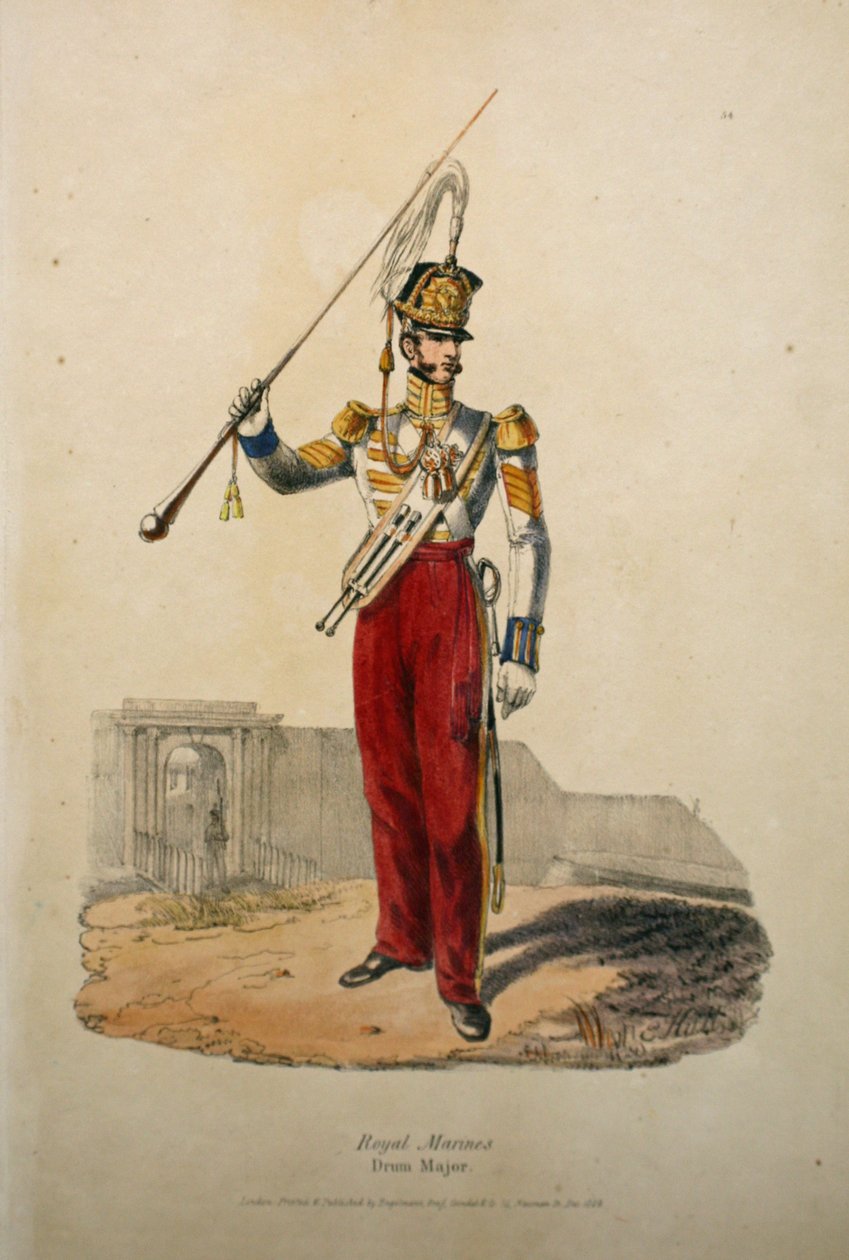 Royal Marines Drum Major, 1829 körül (kézzel színezett litho) alkotó: after Edward Hull