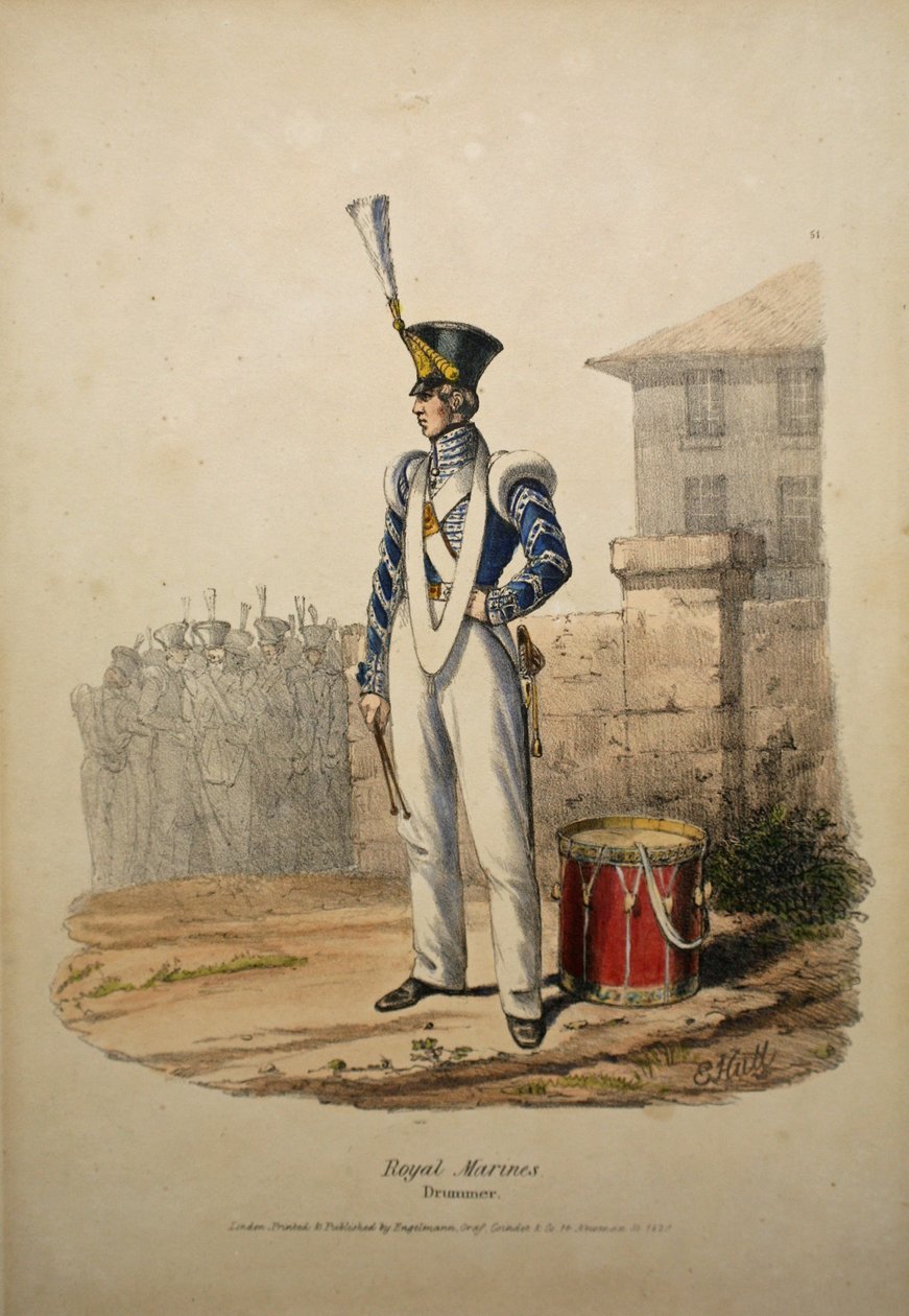 Royal Marines dobos, 1829 körül (kézzel színezett litho) alkotó: after Edward Hull