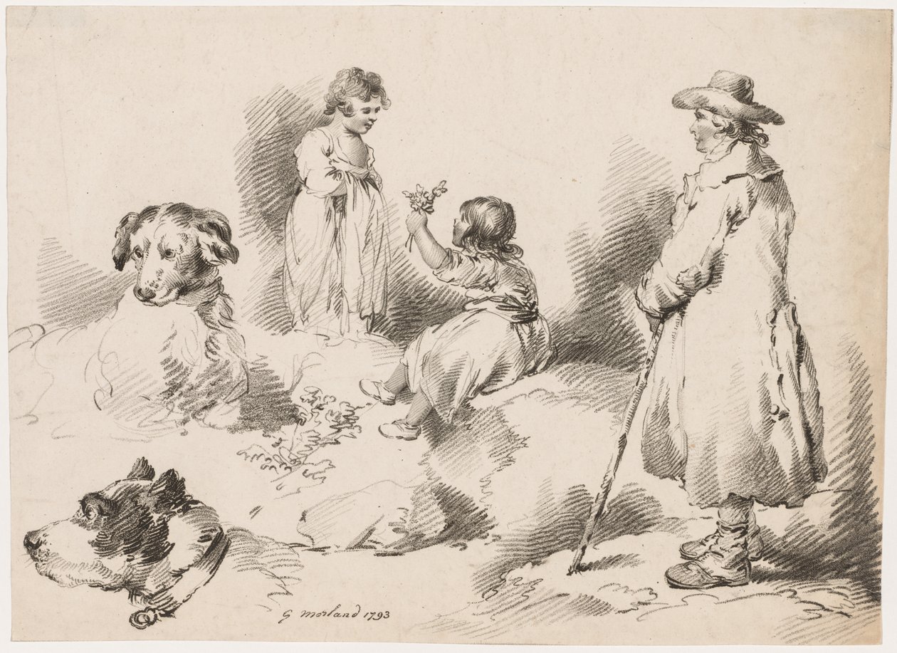 Gyermektanulmányok (két kislány); Két kutya; Egy férfi alkotó: after George Morland