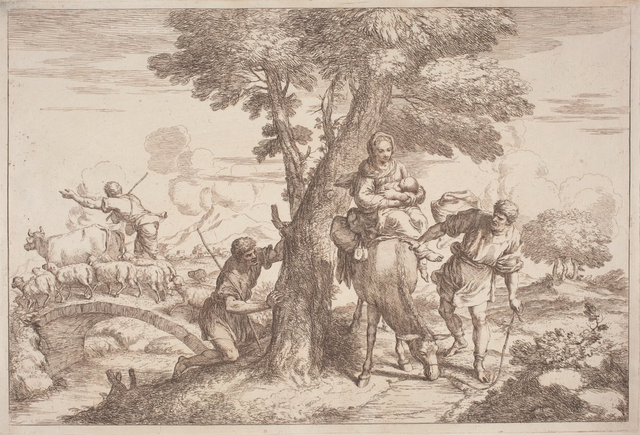 Repülés Egyiptomba egy fa mögül nézelő pásztorral alkotó: after Giovanni Benedetto Castiglione Gaetano Zompini