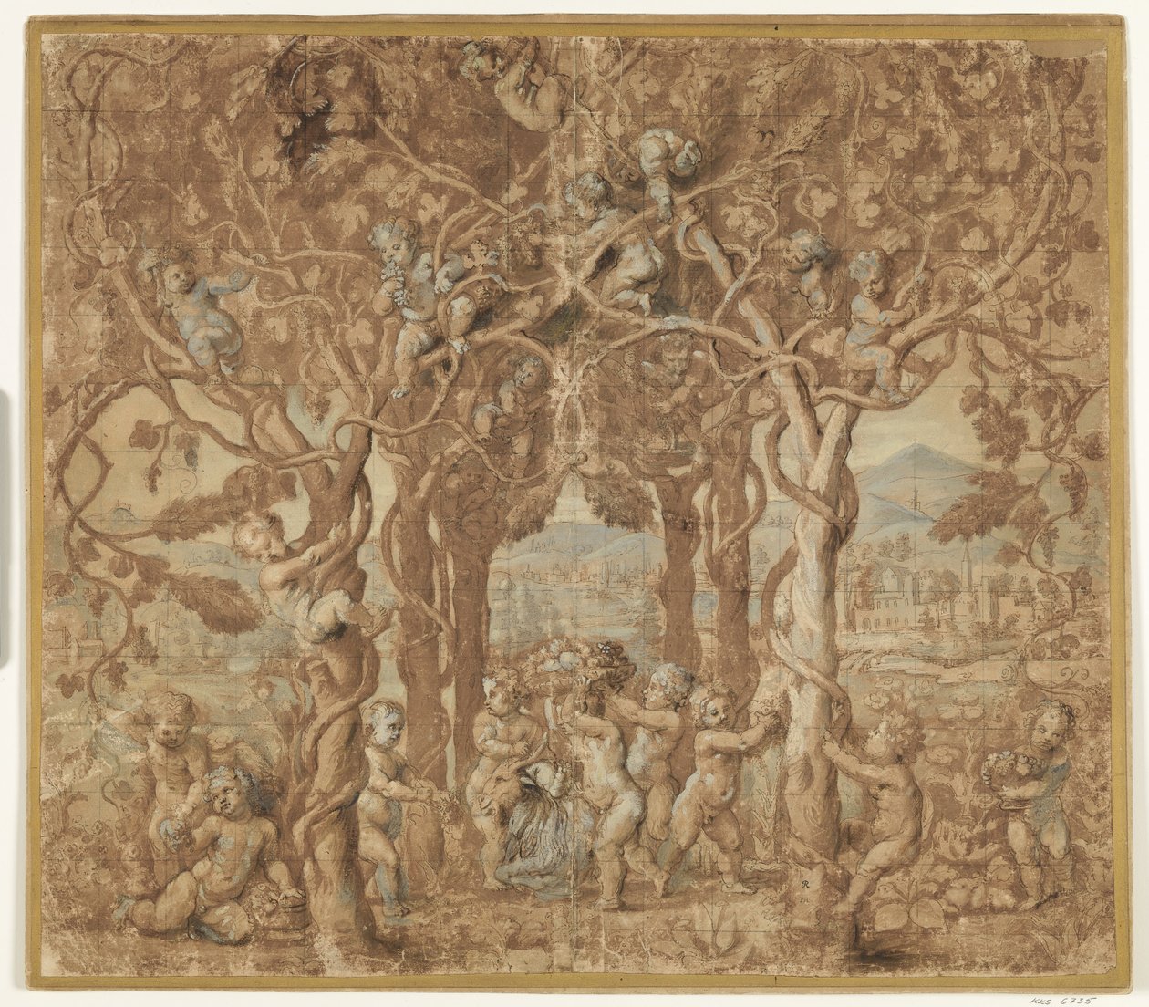 Putti bort szüretel és játszik egy kecskével alkotó: after Giulio Romano