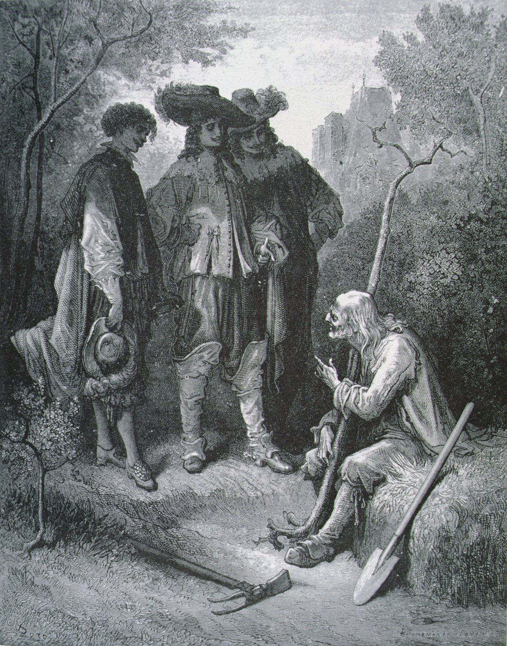 Illusztráció: Az öreg és a három fiatalember, Jean de La Fontaine (1621-95) meséiből alkotó: Gustave after Dore