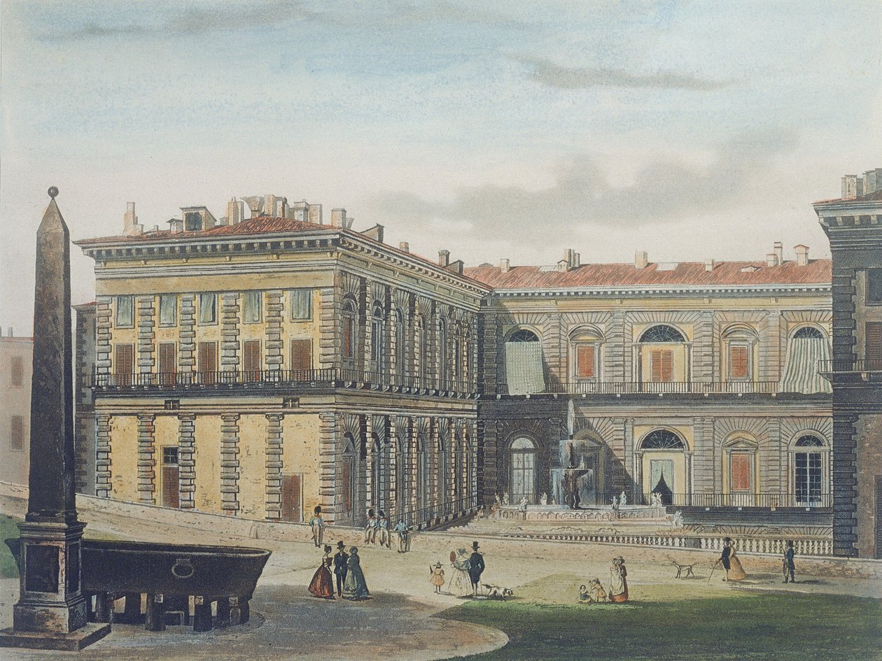 A firenzei Palazzo Pitti belső udvara, Johann Falkeisen (1804-83) metszete és L. Cherbuin színezése, 1842 körül (akvatinta) alkotó: after Italian School