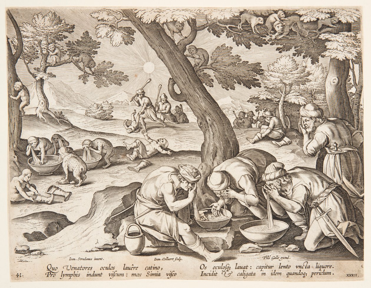 Vadászokat utánzó majmok alkotó: after Jan van der Straet, called Stradanus