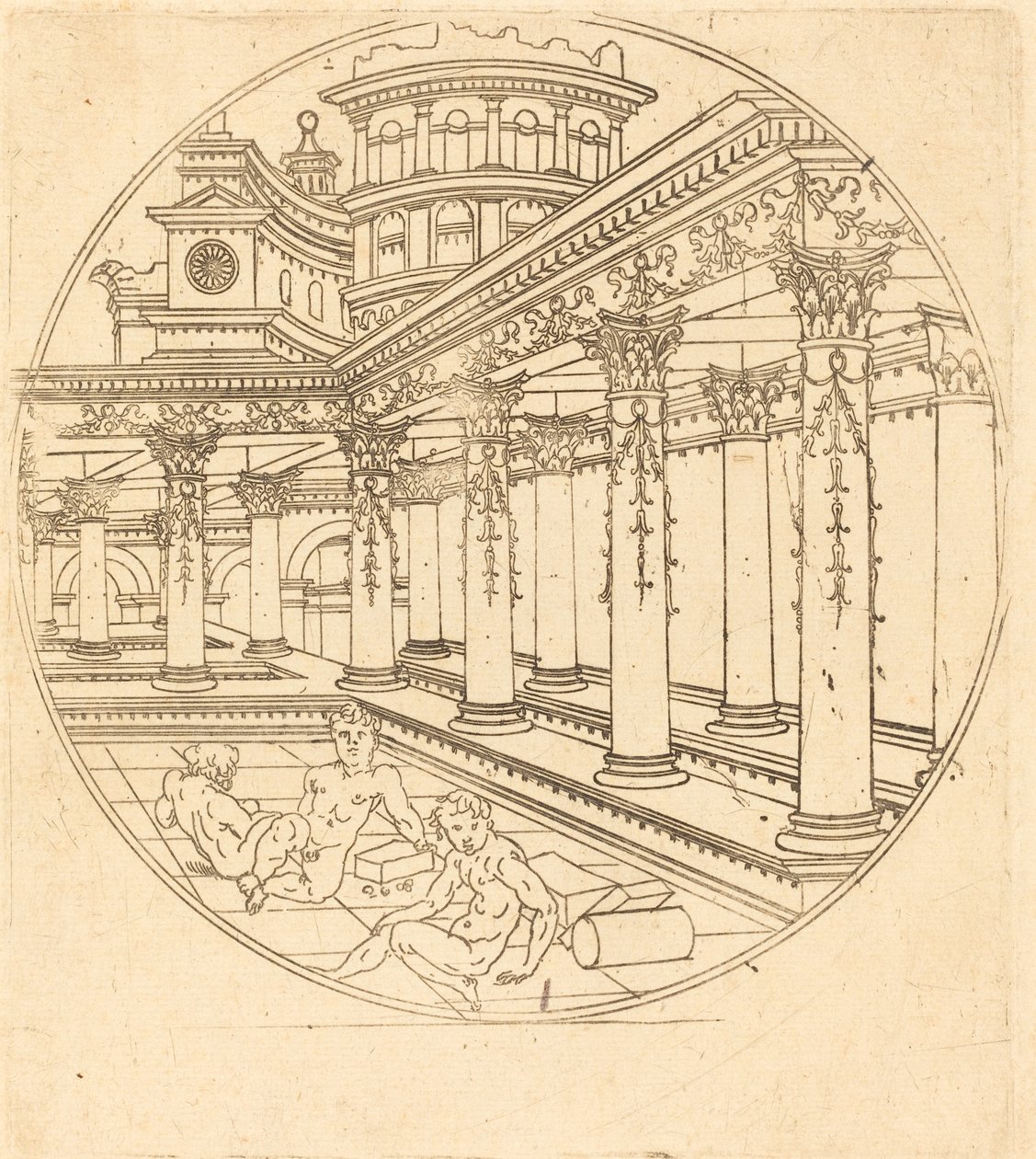 Három figura egy galériában alkotó: after Jean de Gourmont I